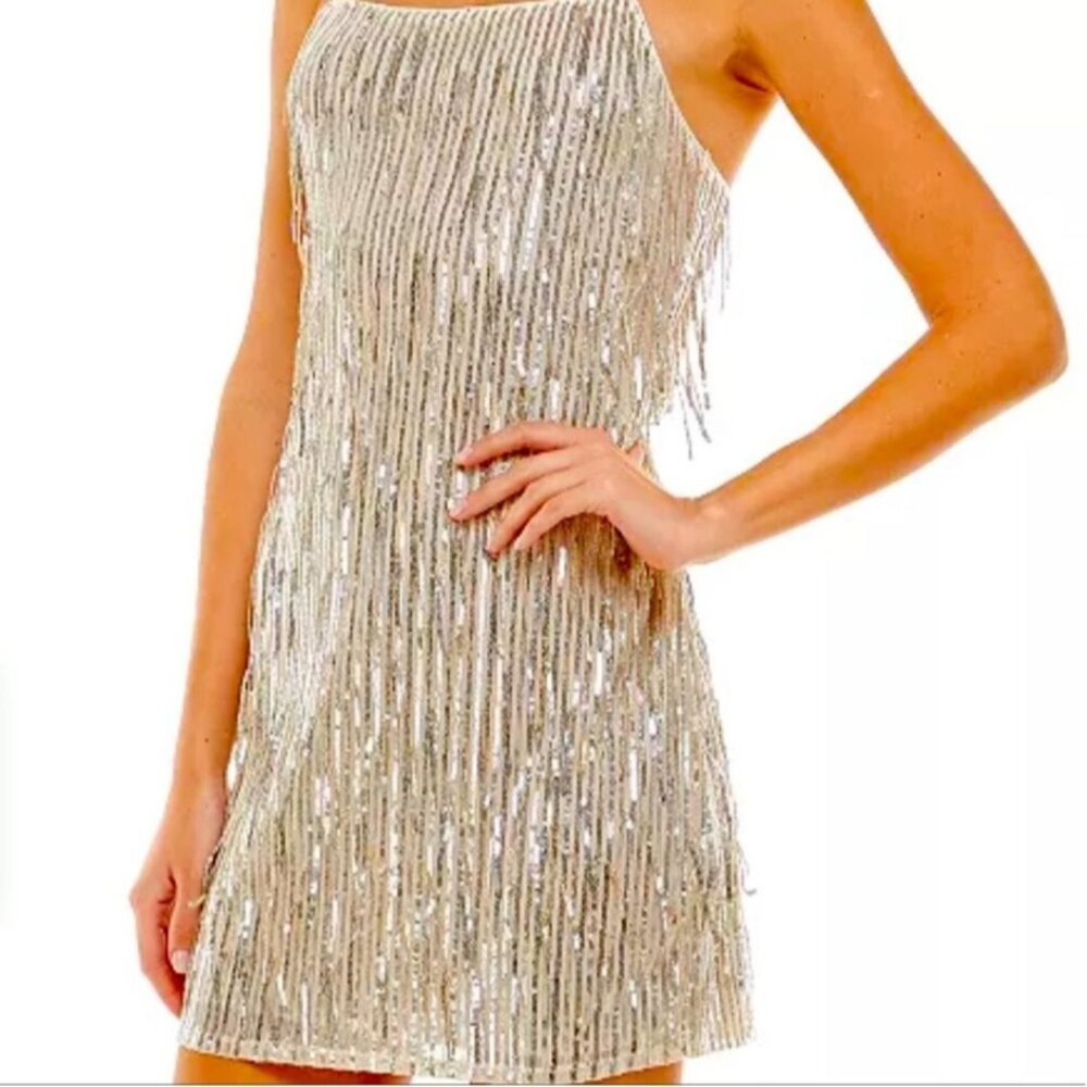 NWT Trixxi gold sequined sparkly Fringe lined bodycon shimmer dress Size Large